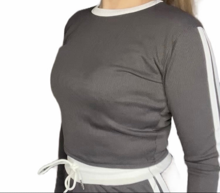 Woman’s Ribbed Crop top& Trouser Co-Ord Set - with stripe detail