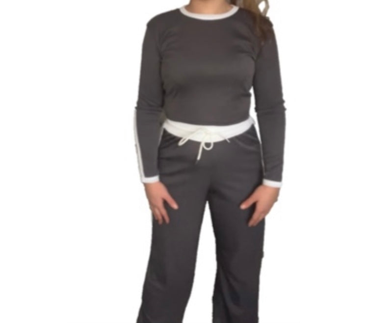 Woman’s Ribbed Crop top& Trouser Co-Ord Set - with stripe detail