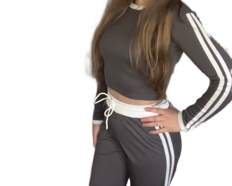 Woman’s Ribbed Crop top& Trouser Co-Ord Set - with stripe detail