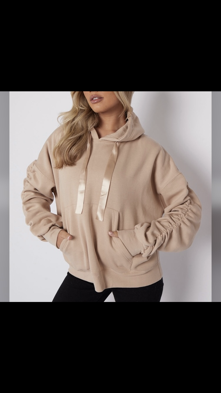 Woman’s Oversized  Ruched Sleeves, fleeced hoodies- Gray/Stone
