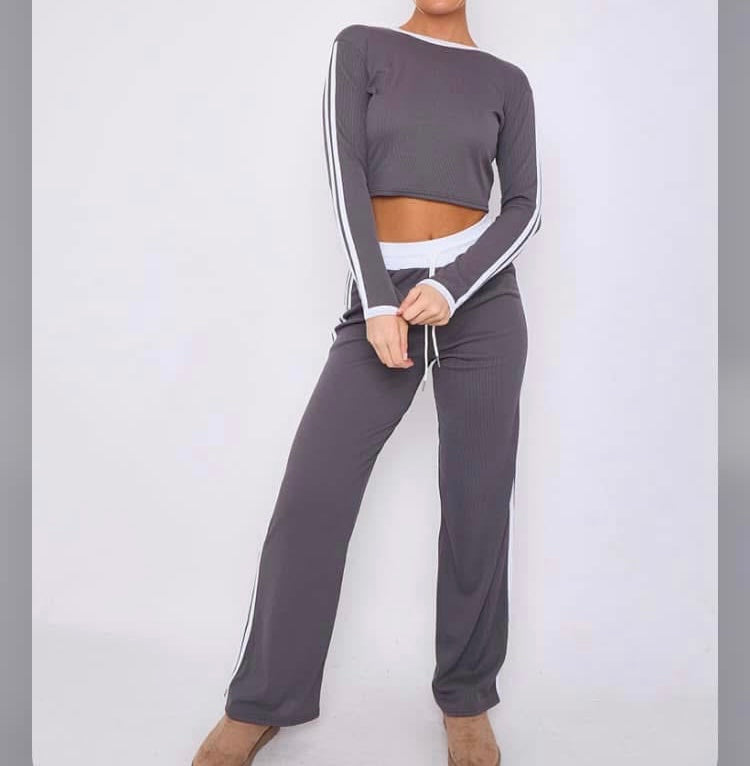 Woman’s Ribbed Crop top& Trouser Co-Ord Set - with stripe detail