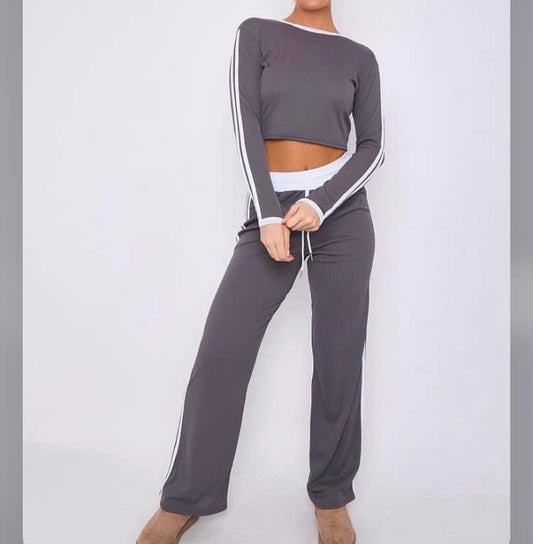 Woman’s Ribbed Crop top& Trouser Co-Ord Set - with stripe detail