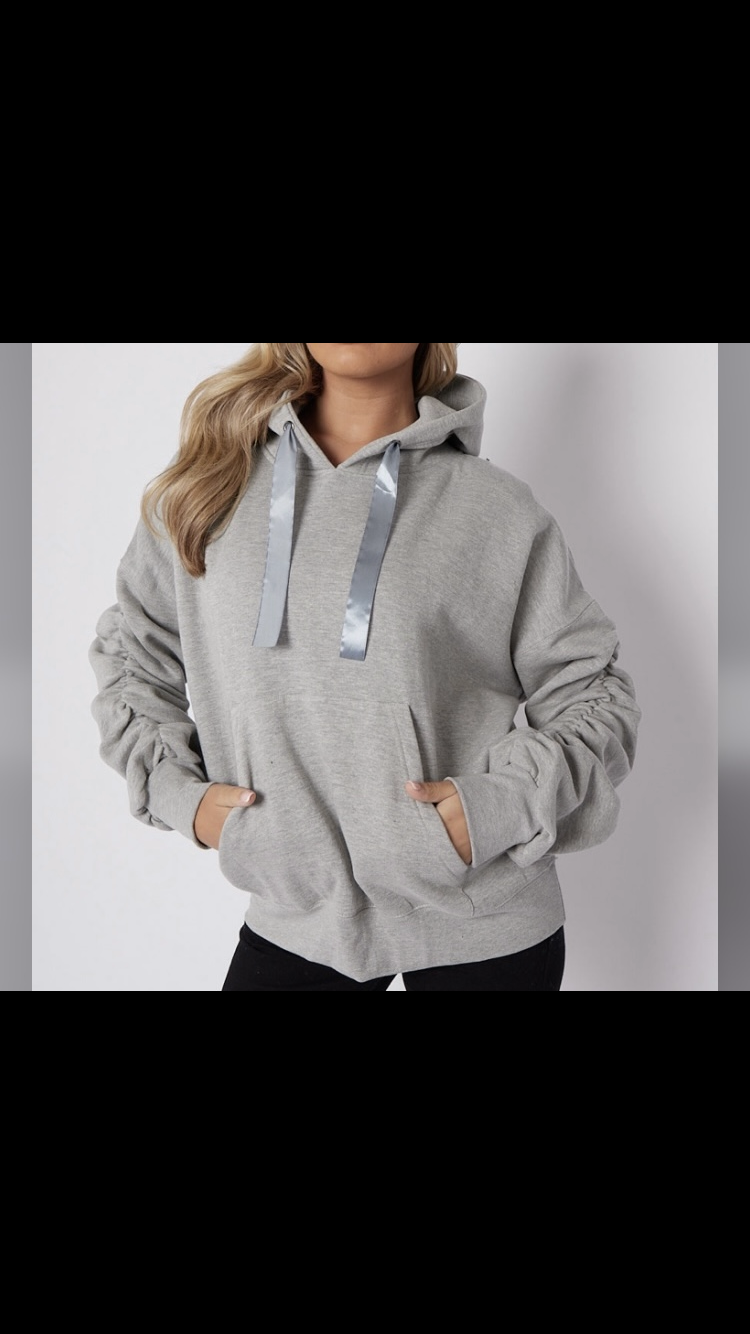 Woman’s Oversized  Ruched Sleeves, fleeced hoodies- Gray/Stone