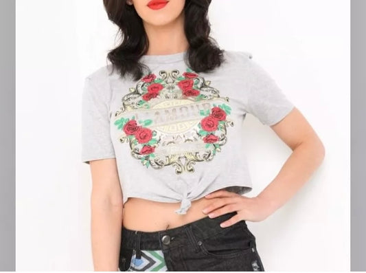 Woman’s Floral L'amour Slogan Glitter Crop Top- Womans/Fashion/Crop/Summer