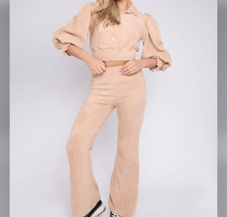 Crop top & Flare Trouser 2 piece womans set - Beige / fashion